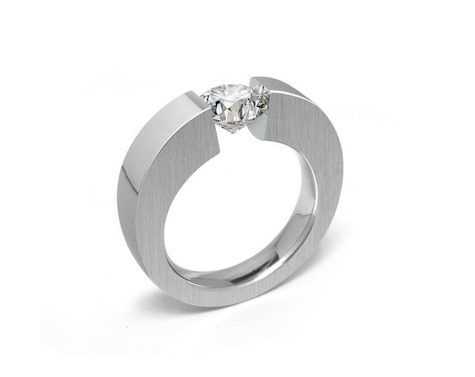 ABBRACCI tapered flat mounting ring with tension set white sapphire in stainless steel by Taormina Jewelry