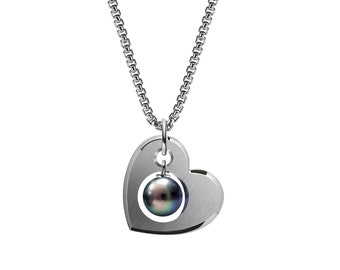 CUORE open hart pendant with black pearl dangling in the center in stainless steel  by Taormina Jewelry