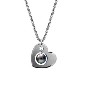CUORE open hart pendant with black pearl dangling in the center in stainless steel by Taormina Jewelry chain