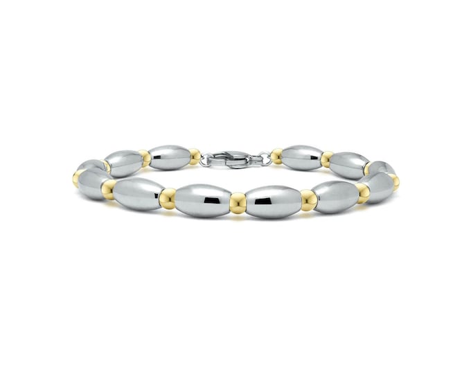 Olive shaped beaded bracelet alternating with gold beads in stainless steel by Taormina Jewelry