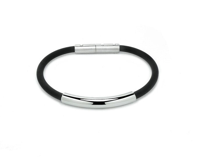 4mm men's Black Rubber bracelet with 5mm width stainless steel tube by Taormina Jewelry