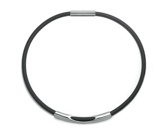 Tubular 5mm black rubber choker necklace with see through tube element in stainless steel by Taormina Jewelry