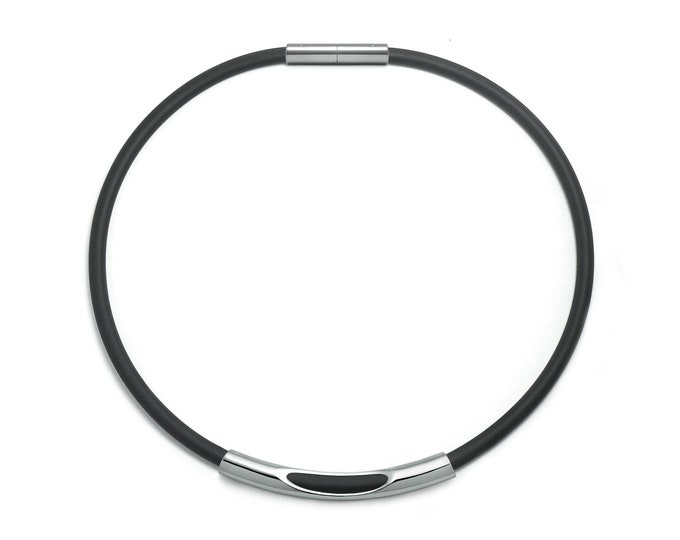 Tubular 5mm black rubber choker necklace with see through tube element in stainless steel by Taormina Jewelry
