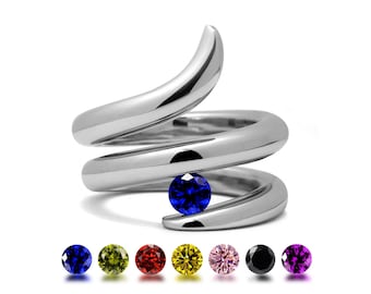 ONDE spiral ring with tension set colored sapphire in stainless steel