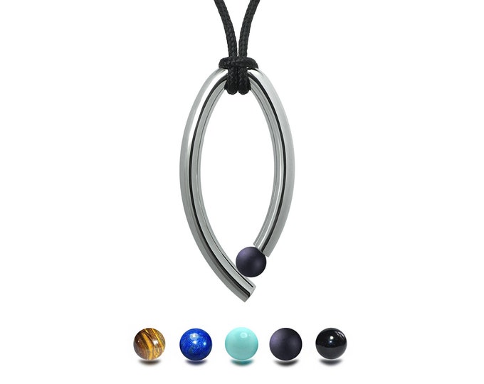 Oblong ring pendant with tension set Obsidian sphere in stainless steel by Taormina Jewelry
