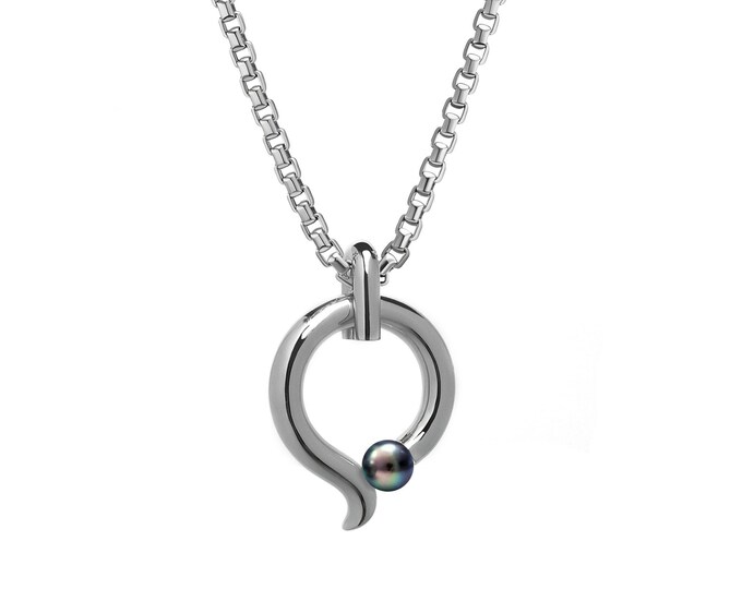 ONDE teardrop tubular pendant with tension set black pearl in stainless steel by Taormina Jewelry