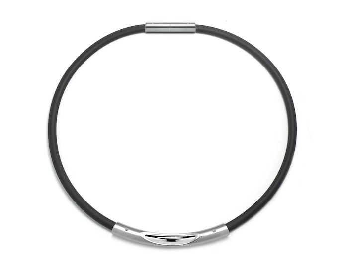 Tubular 5mm black rubber necklace with see through tubular element in stainless steel  by Taormina Jewelry