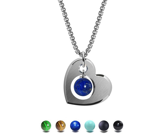 CUORE open hart pendant with semiprecious bead dangling in the center in stainless steel  by Taormina Jewelry