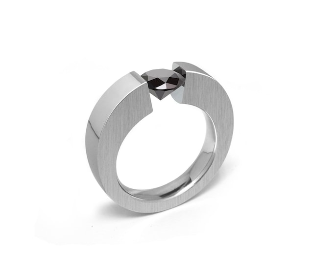 ABBRACCI Two tone flat mounting ring with tension set black diamond in stainless steel by Taormina Jewelry