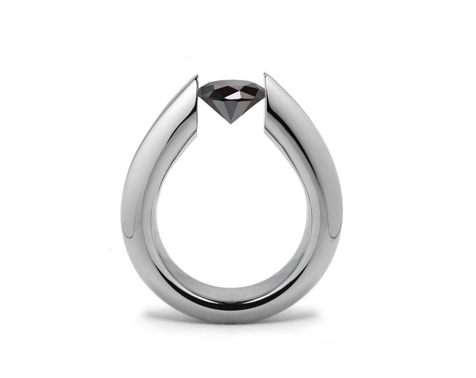 ALBA tubular tapered high setting ring with tension set black diamond in stainless steel by Taormina Jewelry