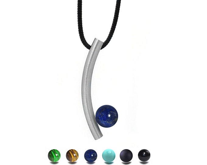 CURVE tubular curved vertical pendant with semiprecious sphere in stainless steel by Taormina Jewelry