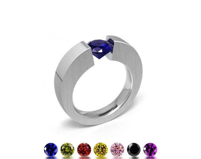 ABBRACCI tapered flat mounting ring with tension set colored gemstones in stainless steel by Taormina Jewelry