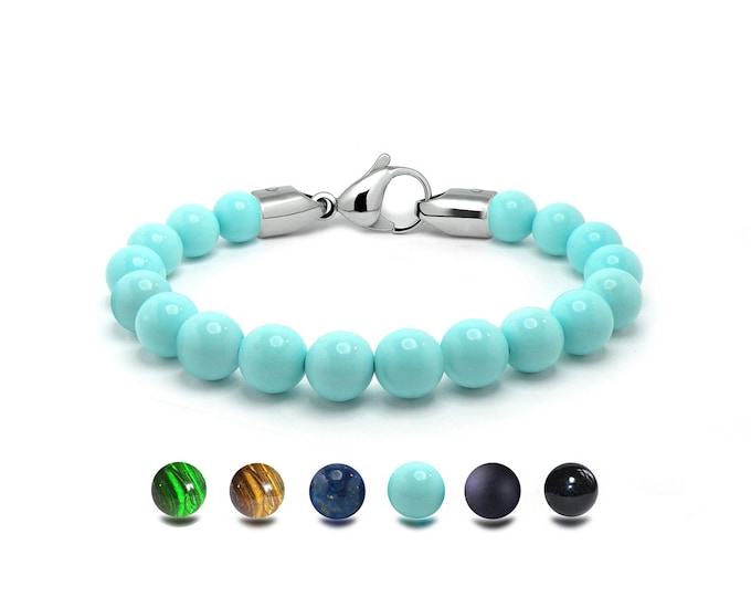 SPIRITUAL 8mm beads bracelet in stainless steel and Turquoise by Taormina Jewelry