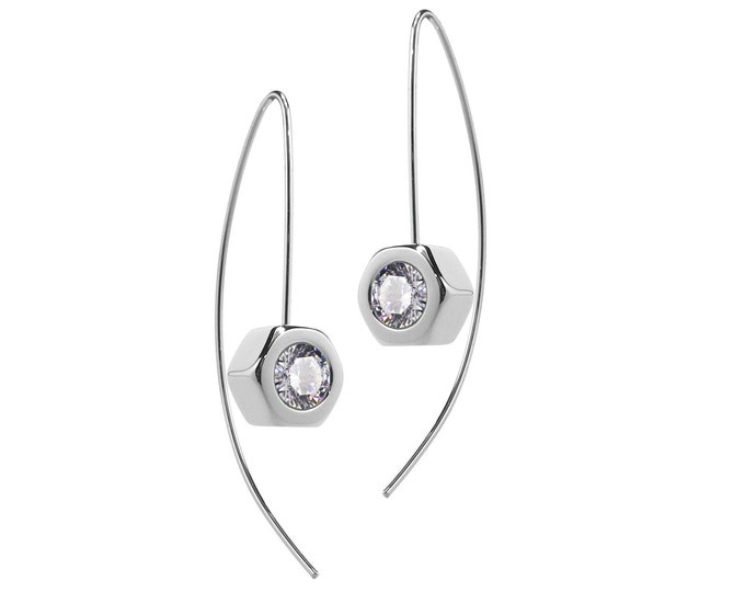 Hex Nut Earrings with White Sapphire in Stainless Steel by Taormina Jewelry