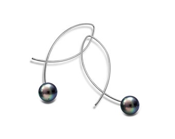 FILO Black Pearls drop thin wire earrings in stainless steel by Taormina jewelry