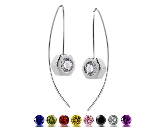 DADO Hex Nut and Gemstone drop earrings in stainless steel by Taormina Jewelry