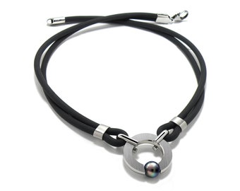 Double tubular black rubber necklace with stainless steel round center piece & Black Pearl by Taormina Jewelry