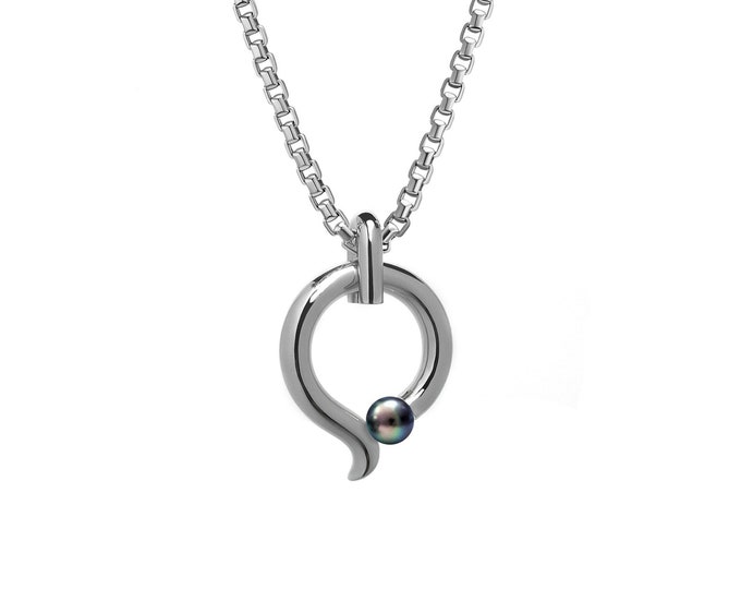 ONDE teardrop tubular pendant with tension set black pearl in stainless steel by Taormina Jewelry