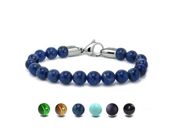 SPIRITUAL beads bracelet in stainless steel and Lapis Lazuli, 8mm by Taormina Jewelry