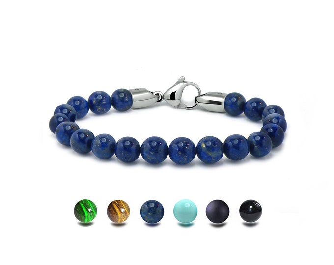 SPIRITUAL 8mm beads bracelet in stainless steel and Lapis Lazuli by Taormina Jewelry