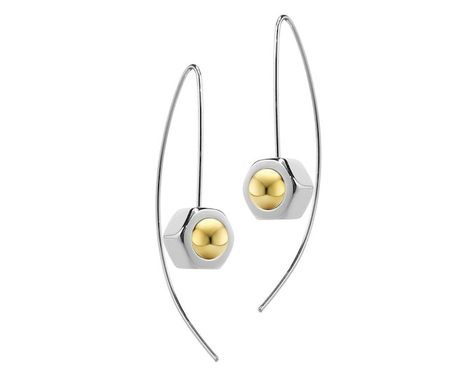 Gold and stainless steel Hex Nut drop Earrings by Taormina Jewelry