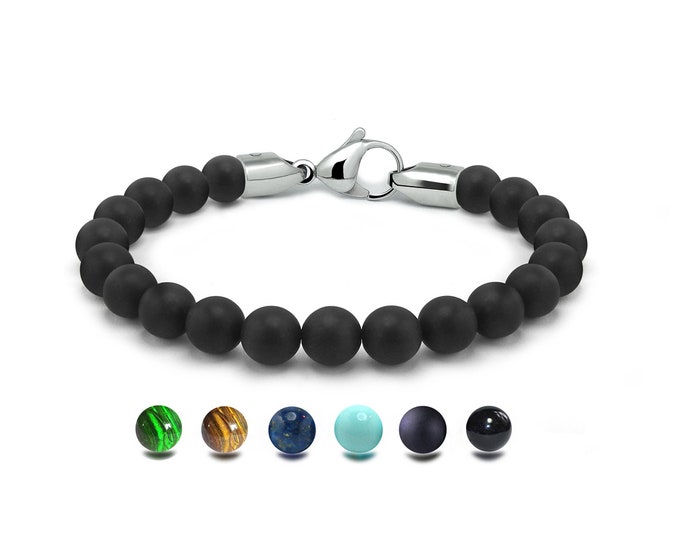 SPIRITUAL beads bracelet in stainless steel and obsidian, 8mm by Taormina Jewelry