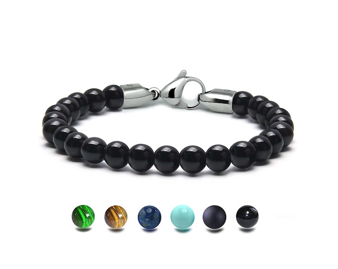 SPIRITUAL Black Onyx bead bracelet in stainless steel, 8mm by Taormina Jewelry