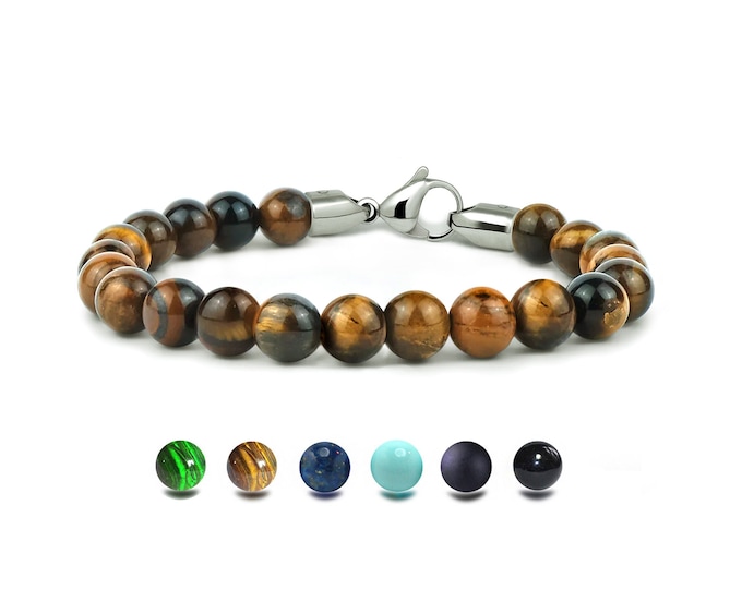 SPIRITUAL beads bracelet in stainless steel and Tiger's Eye, 8mm by Taormina Jewelry