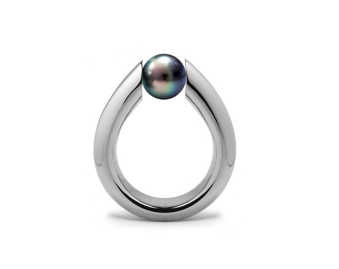 ALBA Tapered high setting ring with tension set Black Pearl in stainless steel by Taormina Jewelry