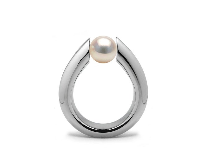 ALBA Tapered high setting ring with tension set White Pearl in stainless steel by Taormina Jewelry