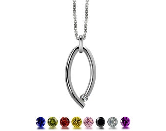 OVUM oval tubular vertical pendant with tension set gemstones in stainless steel by Taormina Jewelry