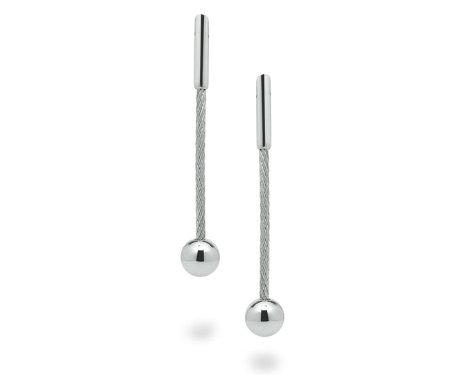 Cable drop earrings with sphere in stainless steel by Taormina Jewelry