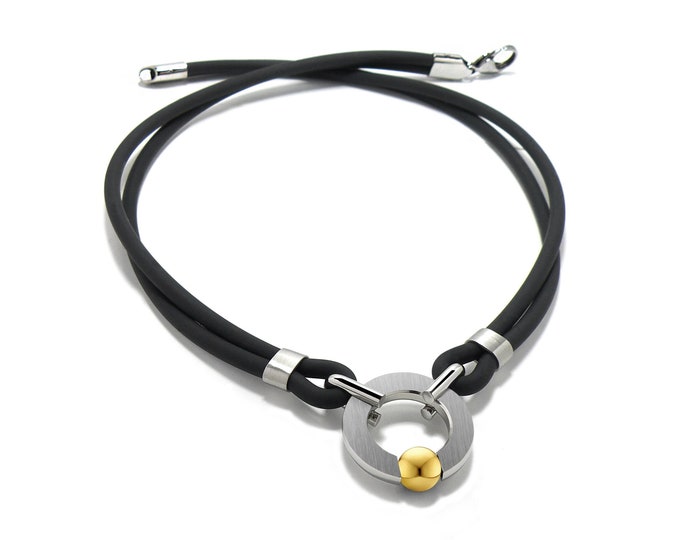 Tubular double black rubber necklace with round center piece and gold sphere by Taormina Jewelry