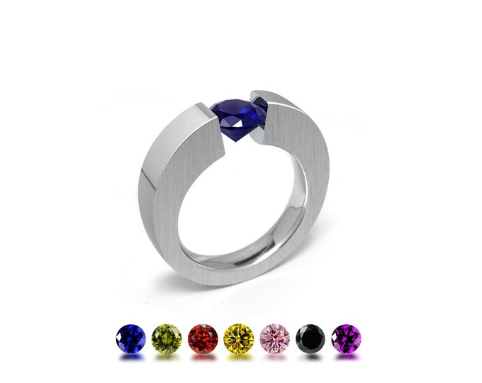 ABBRACCI tapered flat mounting ring with tension set colored gemstones in stainless steel by Taormina Jewelry