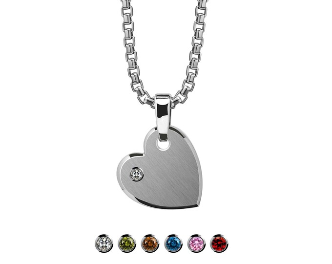 CUORE sideway flat heart tag pendant with gemstones in stainless steel by Taormina Jewelry