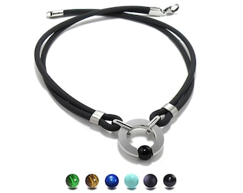 Double tubular black rubber necklace with round center piece & tension set semiprecious sphere by Taormina Jewelry