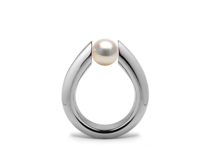 ALBA Tapered high setting ring with tension set White Pearl in stainless steel by Taormina Jewelry