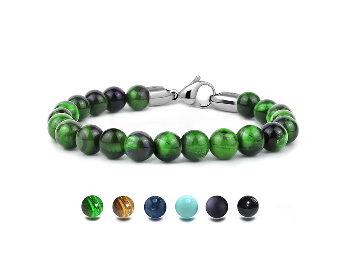 SPIRITUAL beads bracelet in stainless steel and Green Tiger's Eye, 8mm by Taormina Jewelry
