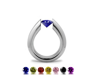 ALBA High setting tapered ring with tension set colored gemstone in stainless steel by Taormina Jewelry