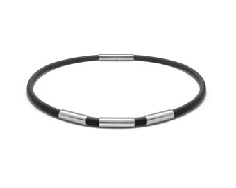 Tubular 4mm black rubber necklace with 3 stainless steel tubes elements by Taormina Jewelry