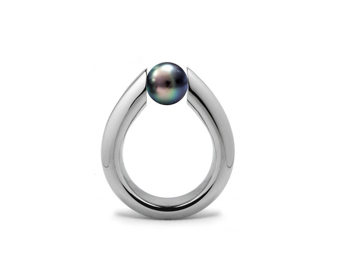 ALBA Tapered high setting ring with tension set Black Pearl in stainless steel by Taormina Jewelry