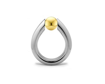 ALBA Ring high setting tapered tubular with tension set  Gold sphere in stainless steel by Taormina Jewelry