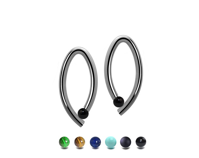 OVUM oval cat eye shaped drop stud earrings with tension set semiprecious spheres in stainless steel by Taormina Jewelry