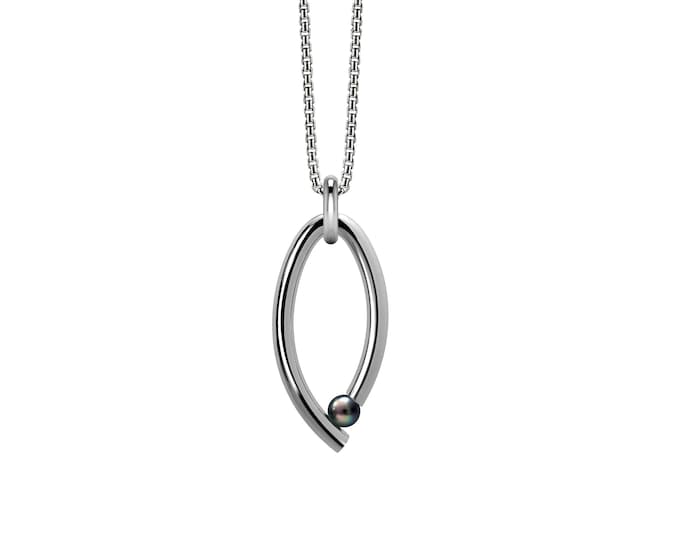 OVUM oval tubular vertical pendant with chain and tension set black pearl in stainless steel by Taormina Jewelry