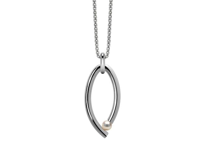 OVUM oval tubular vertical pendant with chain and tension set white pearl in stainless steel by Taormina Jewelry