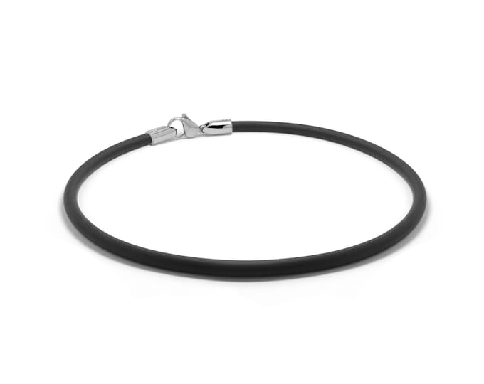 Tubular 4mm black rubber necklace with lobster clasp in stainless steel By Taormina Jewelry