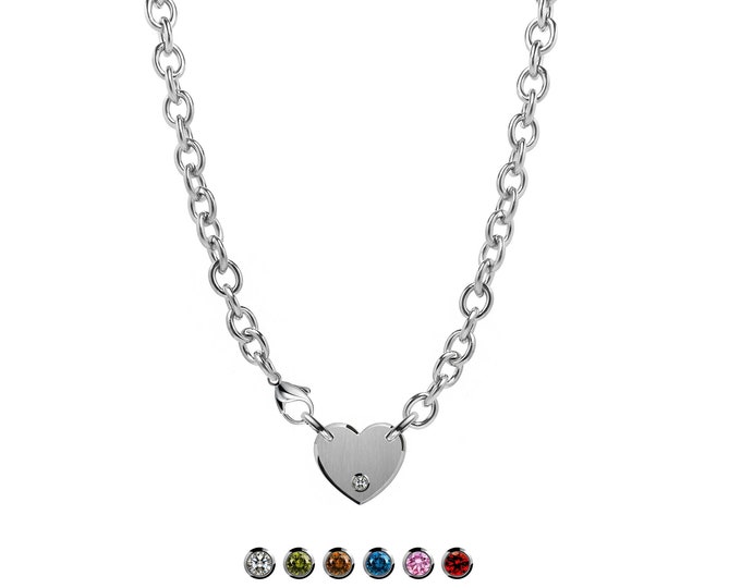 Heart tag with bezel set gemstone on oval link chain necklace in stainless steel by Taormina Jewelry
