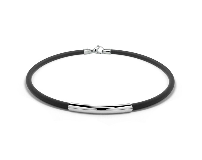 Tubular 5mm black rubber necklace with tube element in stainless steel by Taormina Jewelry