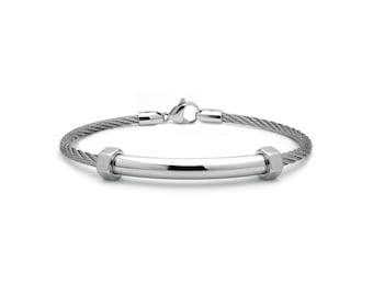 CABLE bracelet with curved tubular element and hex nuts in stainless steel, 3mm. By Taormina Jewelry