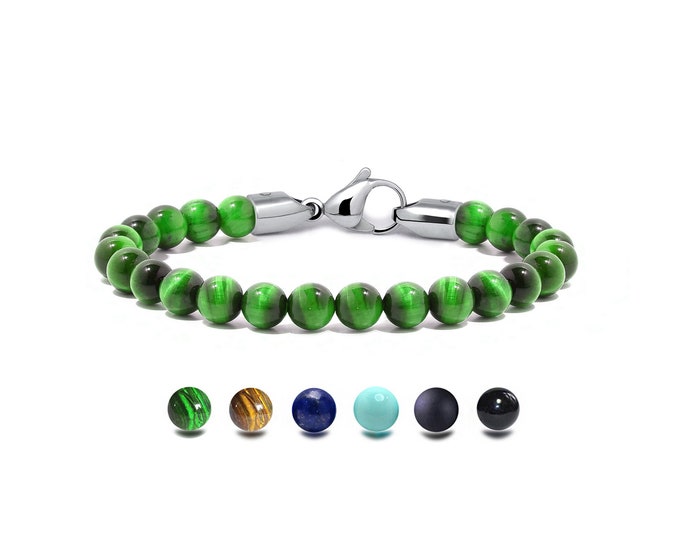 SPIRITUAL beads bracelet in stainless steel and green tiger's eye, 6mm by Taormina Jewelry